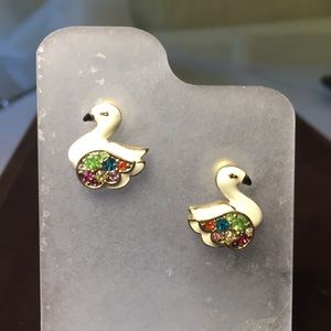 Anna Sui - Enamel white swan multicoloured rhinestone encrusted wings earrings.